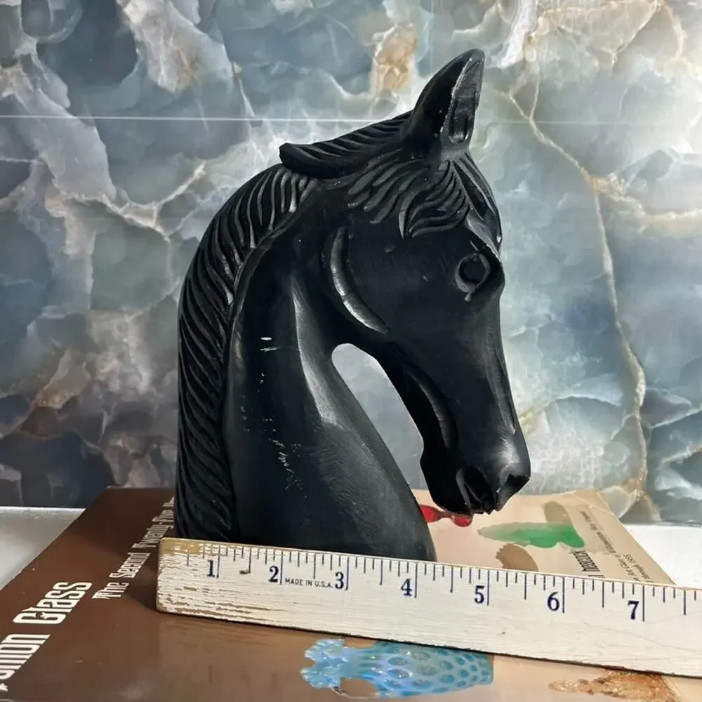 Vintage Hand Carved Black Stone Horse Head Statue Sculpture 8.25